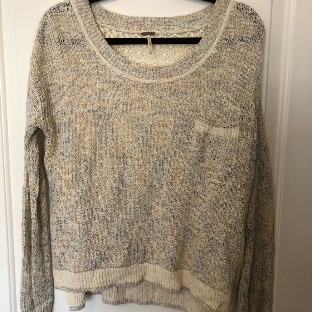 White and blue Free People sweater with lace back